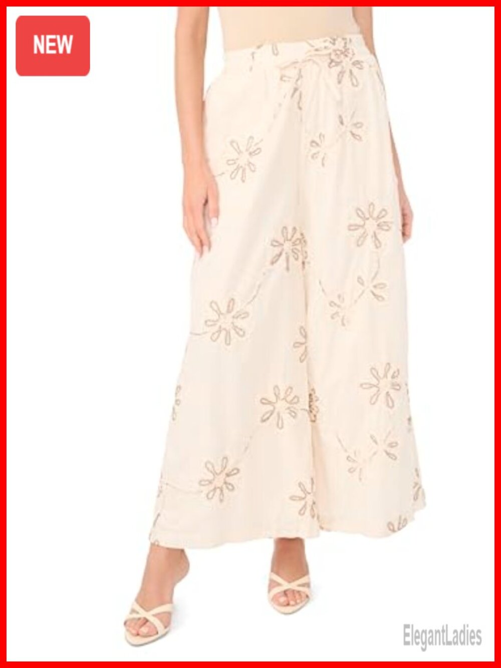 Ruffle Embroidery Elastic Waist Wide Leg Palazzo Pant Pull On